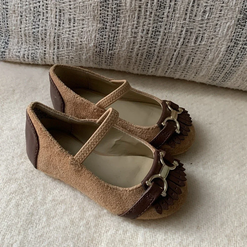 Janie and Jack SUEDE BRIDLE BIT BALLET FLAT‎ size 6 suede tan brown dressy